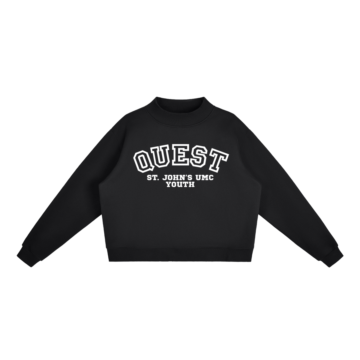 Quest White Text Mock-Neck Crew Sweatshirt